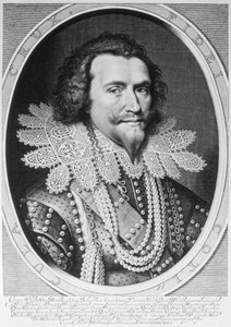 Porträt von George Villiers, 1. Herzog von Buckingham (1592-1628), graviert von Willem Jacobsz. Delff (1580-1638), 1626 von Michiel Jansz van Miereveld