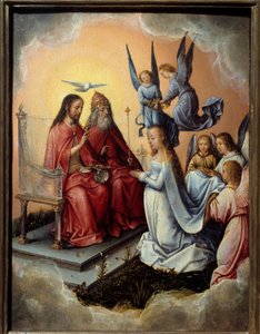 Die Krönung der Jungfrau. Die Jungfrau wird von der Dreifaltigkeit (Gott, Christus und der Heilige Geist) gesegnet, Engel setzen ihr die Krone auf. Gemälde von Michel Sittow (1468-1525)