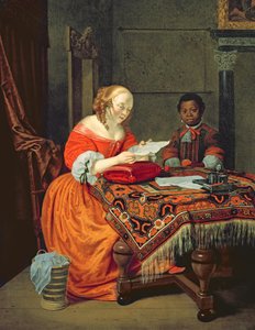 Eine Frau liest einen Brief mit einem schwarzen Diener, 1670