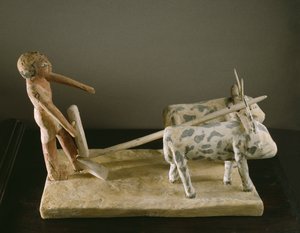 Grabmodell eines Pflügers, der seinen Pflug von zwei Ochsen ziehen lässt (bemaltes Holz)