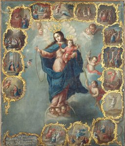 Die Unbefleckte Empfängnis mit den fünfzehn Geheimnissen des Rosenkranzes von Miguel Cabrera