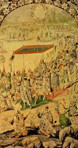 Eine von zwei Tafeln, die die Begegnung zwischen Hernando Cortes und Montezuma darstellen: Montezuma und seine Anhänger, 1698