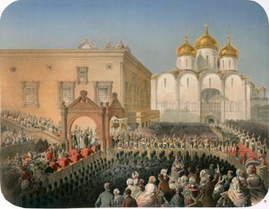 Prozession der Zarin Alexandra Fjodorowna zur Mariä-Entschlafens-Kathedrale, Moskau, 1856
