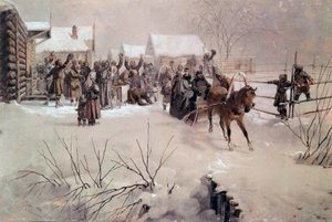 Zar Alexander II. (1818-1881) in einem Schlitten durchquert ein verschneites Dorf. Aquarell von Mihály von Zichy (1827-1906) 19. Jahrhundert Sankt Petersburg, Schloss Peterhof von Mihaly von Zichy