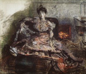 Nach dem Konzert. Porträt von N. Zabela-Vrubel am Kamin in einem von Vrubel entworfenen Kleid, 1905 von Mikhail Aleksandrovich Vrubel