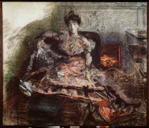 Nach dem Konzert - Porträt von Nadezhda Zabela Vrubel (vor dem Kamin in einem von Vrubel entworfenen Kleid) von Mikhail Aleksandrovich Vrubel