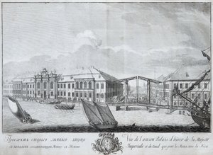 Ansicht des zweiten Winterpalastes mit dem Kanal, der die Moika mit der Newa verbindet, 1753 von Mikhail Ivanovich Makhaev