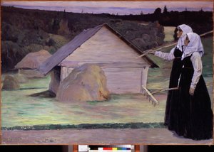 Sommer. Zwei Frauen, die ihre Rechen tragen, gehen abends nach der Feldarbeit vor Heuhaufen und Holzhütten. Gemälde von Michail Wassiljewitsch Nesterow (1862-1942) von Mikhail Vasilievich Nesterov