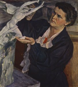 Porträt der sowjetischen Bildhauerin Vera Mukhina (Farblithografie)
