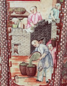 Detail von einer Vase, die das Trocknen von Tee darstellt von Ming Dynasty Chinese School