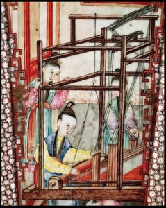 Detail von einer Vase, die Seidenweberei darstellt von Ming Dynasty Chinese School
