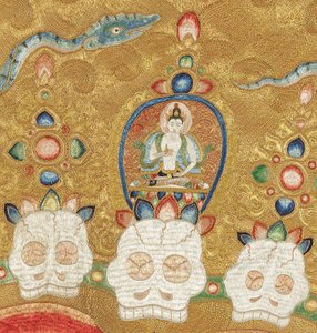 Detail der kaiserlichen bestickten Seiden-Thangka