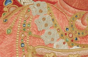 Detail der kaiserlichen bestickten Seiden-Thangka