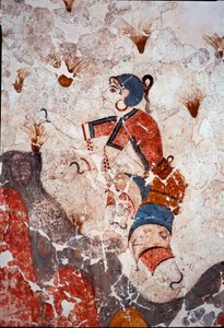 Minoische Zivilisation: Frauen, die Safran pflücken. Detail eines Freskos aus dem Lustralbecken von Xeste 3 in Akrotiri (Thera), Santorini. Dim. 244x266 cm. 16. Jahrhundert v. Chr. Santorini, Sammlung von Fresken von Akrotiri a Thera