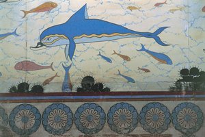 Nahaufnahme eines Wandgemäldes in einem Palast, Palast von Minos, Knossos, Kreta, Griechenland von Minoan