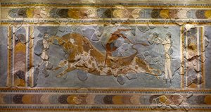 (Detail) des Stier-Sprung-Freskos. Gefunden in Knossos