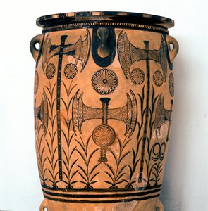 Minoische Kunst: Terrakottavase aus der Neupalatialzeit mit Symbolen der Gottheiten und Darstellungen von Himmel und Erde sowie der Doppelaxt, Symbol der kretischen Zivilisation. Aus Knossos, Heraklion, Archäologisches Museum Kreta
