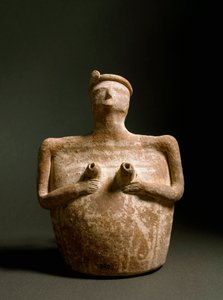 Minoische Kunst: Terrakottavase in Form einer Frau, die ihre Brust stützt. Aus dem Heiligtum von Piskokephalo auf Kreta. 1700-1450 v. Chr.