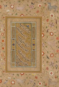Seite aus dem späten Shah Jahan Album: Persische Kalligraphie eingerahmt von einem ornamentalen Rand aus Blumen und Vögeln von Mir 