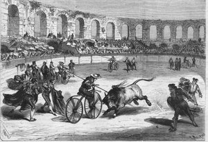 Stierrennen in der Arena von Nîmes im Jahr 1869. Die Toreros auf Velocipeden. Zeichnung von Herrn Miranda