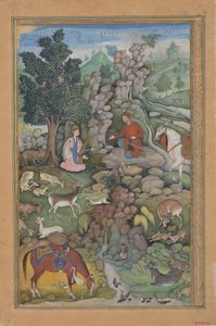 Bahram Gur sieht eine Herde Hirsche, die von Dilarams Musik hypnotisiert sind, Folio aus... von Miskin