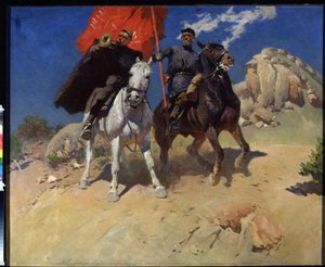Fahnenträger und Hornbläser. Zwei Soldaten eines Kavallerieregiments der Roten Armee während der Oktoberrevolution 1917 von Mitrofan Borisovic Grekov