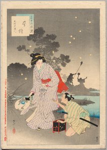 Glühwürmchen jagen, eine Dame der Tenmei-Ära (1781-1789), aus der Serie Sechsunddreißig elegante Auswahlen
