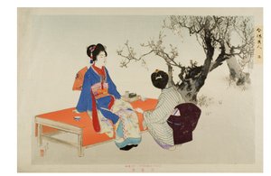 Nr. 2. Betrachtung von Pflaumenblüten aus der Serie Moderne Schönheiten (Holzschnitt auf Papier) von Mizuno Toshikata