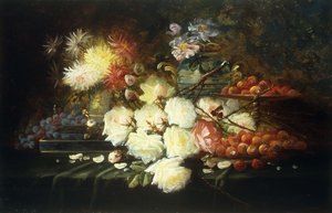 Stillleben mit Rosen, Chrysanthemen, Trauben und Erdbeeren