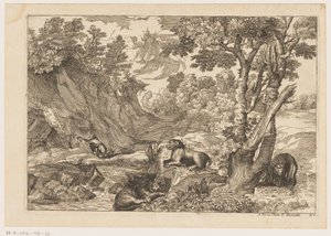 Landschaft mit dem reuigen Hieronymus und drei ruhenden Löwen