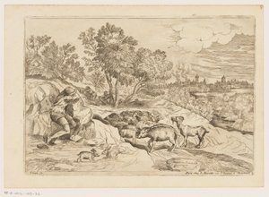 Landschaft mit drei ruhenden Hirten bei einer Herde von Moise Jean Baptiste Fouard