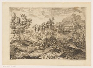 Landschaft mit Hirten und einer Herde bei einer Ruine
