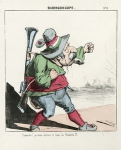 Flugblatt, Nummer 5, satirisch in Farben, ca. 1870: Badingoskop - Kommune von Paris/Krieg/Belagerung, Jagd, Präsident der Republik - Napoleon III. Illustration von Moloch (1849-1909)
