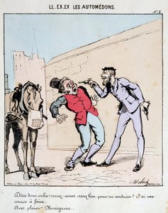 HE. EX. EX. Motoredons: Karikatur des Transports in der Stadt. Ein Bourgeois bittet höflich einen Kutscher, ihn zu fahren, während er ihn mit Waffen bedroht. Zeichnung von Moloch (1849-1909), um 1860.