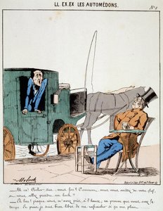 HE. EX. EX. Motoredons: Cartoon des Transports in der Stadt. Ein Kutscher zahlt pünktlich und hält an einem Café an, um ein Bier zu trinken, während die Bourgeois, die er befördert, schimpfen. Zeichnung von Moloch (1849-1909), um 1860 von Moloch