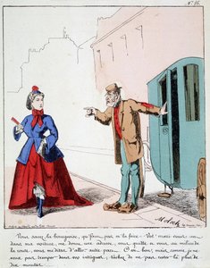 HE. EX. EX. Motoredons: Cartoon des Transports in der Stadt. Der Kutscher tadelt eine Bourgeoisie, die in den Park geht, während ihr Mann den Fahrer gebeten hat, sie an einen anderen Ort zu bringen. Zeichnung von Moloch (1849-1909), um 1860