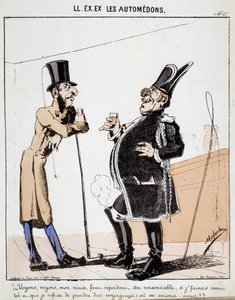 Karikatur des Transports in der Stadt. Zwei Kutscher unterhalten sich bei einem Glas Alkohol statt Passagiere mitzunehmen. Zeichnung von Moloch, um 1860.