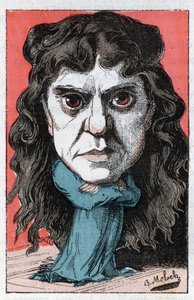 Porträt von Marie Laurent oder Marie Luguet, französische Dramatikerin des 19. Jahrhunderts in „Le Trombinoscope“ von Touchatout, Karikatur von B. Moloch von 1882 (1849-1909). Private Sammlung.