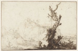 Berglandschaft mit einem kahlen Baum im Vordergrund von Monogrammist BVB