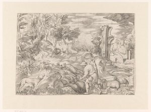 Landschaft mit Hirten und Schafherde