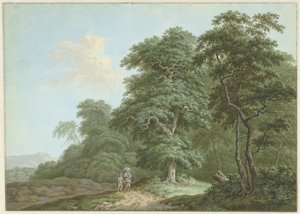 Landschaft mit Frau und Jungen auf einem Feldweg