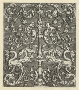 Ornament mit zwei Fantasietieren und Kandelaber von Monogrammist IG