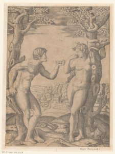Sündenfall von Adam und Eva am Baum der Erkenntnis von Gut und Böse mit Schlange