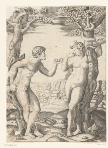 Sündenfall von Adam und Eva beim Baum der Erkenntnis von Gut und Böse mit Schlange von Monogrammist NF (graveur)