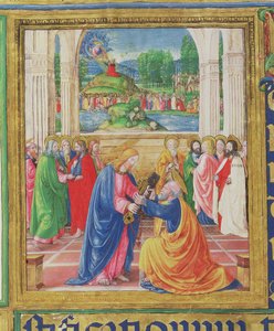 Ms 542 f.3v Christus übergibt die Schlüssel an St. Peter, im Hintergrund übergibt Gott die Gesetzestafeln an Moses, aus einem Psalter geschrieben von Don Appiano aus der Kirche der Badia Fiorentina, Florenz