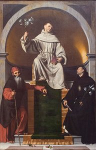 Der heilige Antonius von Padua zwischen dem heiligen Antonius dem Großen und Nikolaus von Tolentino von Moretto da Brescia