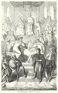 Der Sängerkrieg, ein Wettstreit zwischen Minnesängern auf der Wartburg in Thüringen im Jahr 1207 (Stich) von Moritz Ludwig von (after) Schwind