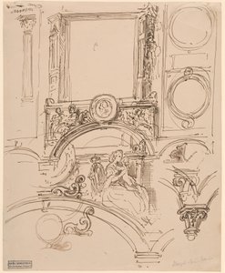 Architektonische Details für eine Wanddekoration mit Kaiserin Maria Theresia, die den jungen Wolfgang Amadeus Mozart umarmt