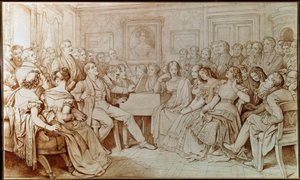 Der Komponist Franz Schubert begleitet den Tenor Johann Michael Vogl bei einem musikalischen Abend bei Baron von Spaun von Moritz Ludwig von Schwind
