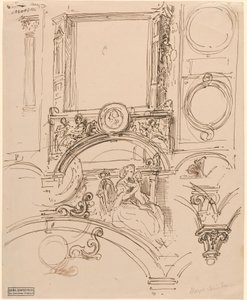 Architektonische Details für eine Wanddekoration mit Kaiserin Maria Theresia, die den jungen Wolfgang Amadeus Mozart umarmt von Moritz Ludwig von Schwind